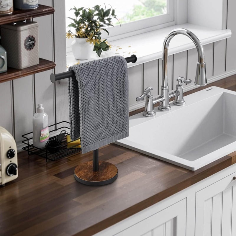 BCOZLUX Towel Holder Stand, Countertop Hand Towel Stand for Bathroom and Kitchen, Free Standing Counter Towel Rack with Weighted Wood Base, Rustic Black and Brown - Image 2